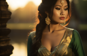 Steve Heimberg - photograph angkorian jewellery on a beautiful cambodia woman wearing a green and gold traditional cambodian dress in front of Angkor Wat golden hour